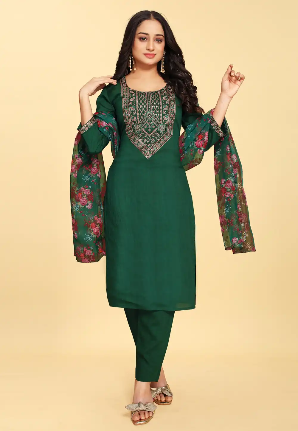 Green Silk Readymade Pant Style Suit 288107