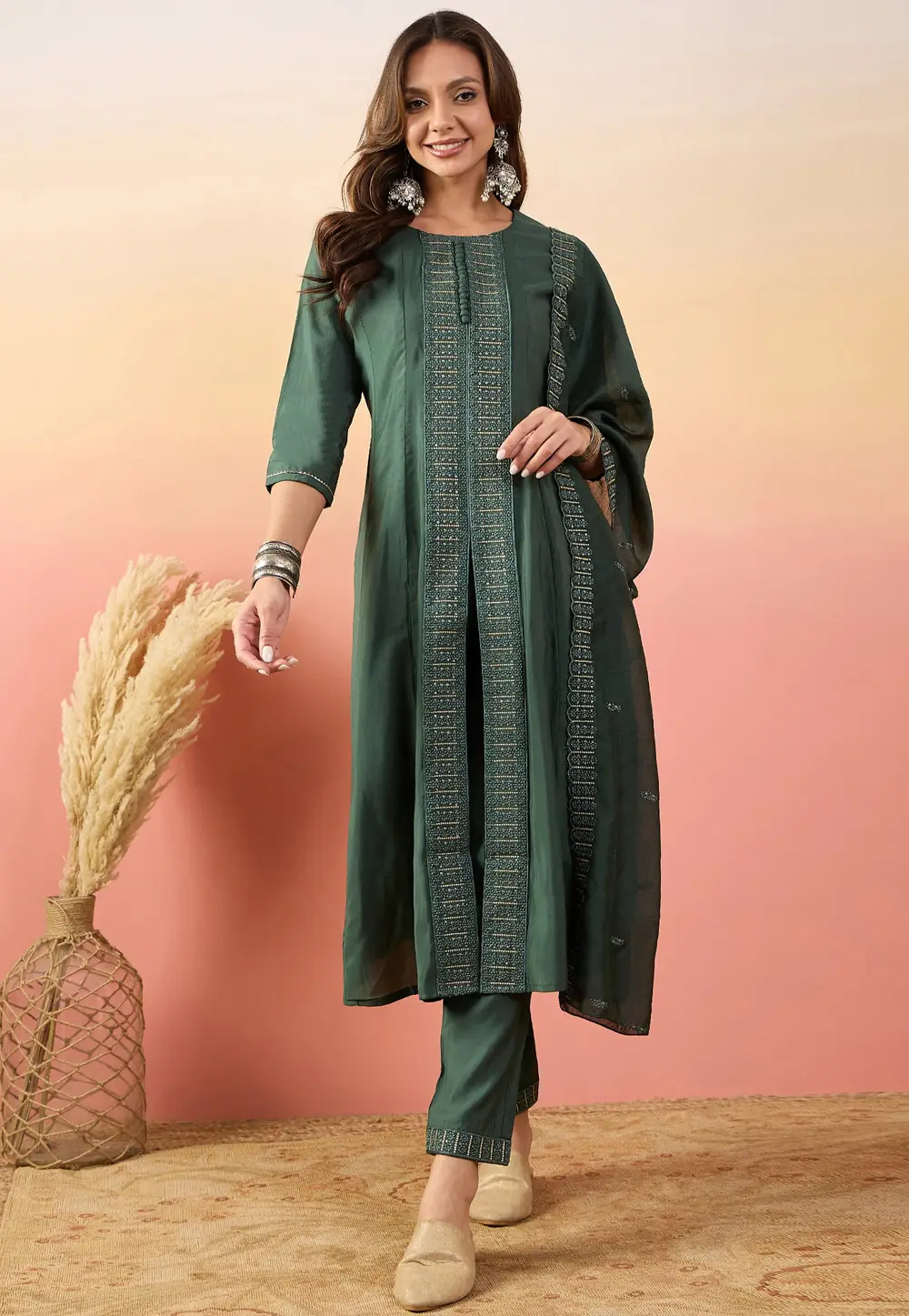 Green Silk Readymade Pant Style Suit 296548