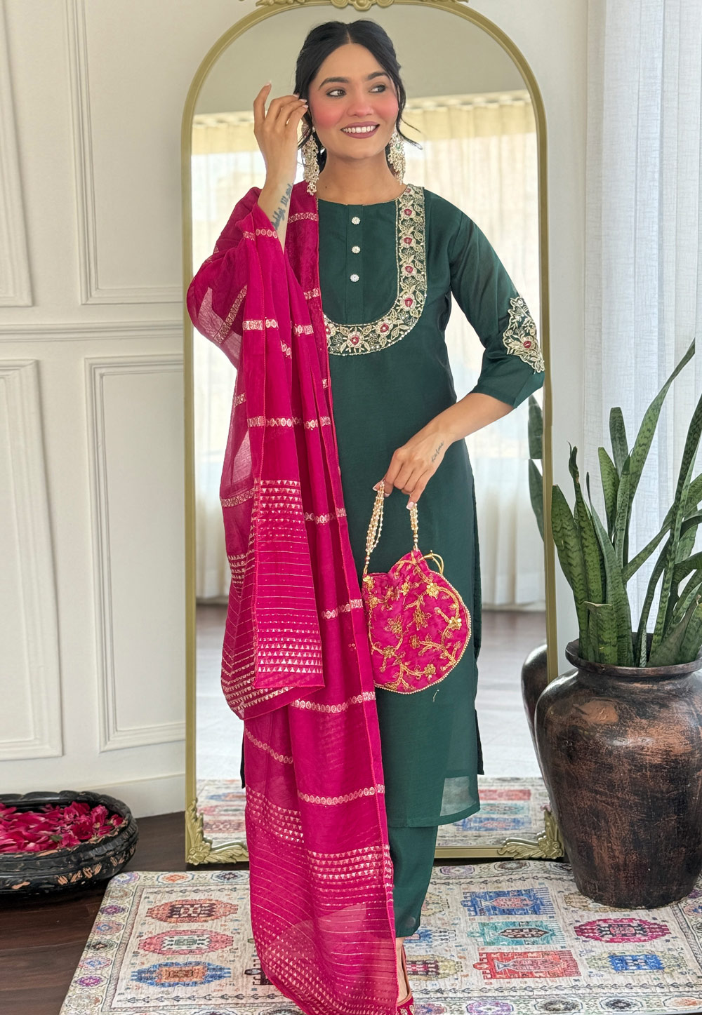 Green Silk Readymade Pant Style Suit 309461
