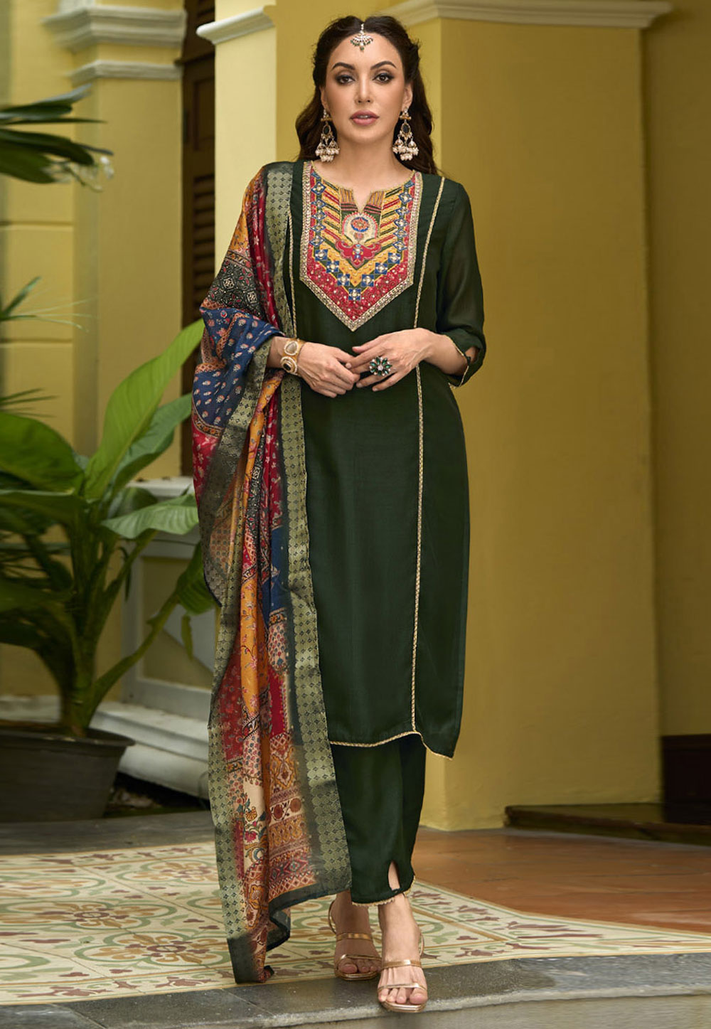 Green Silk Readymade Pant Style Suit 309706