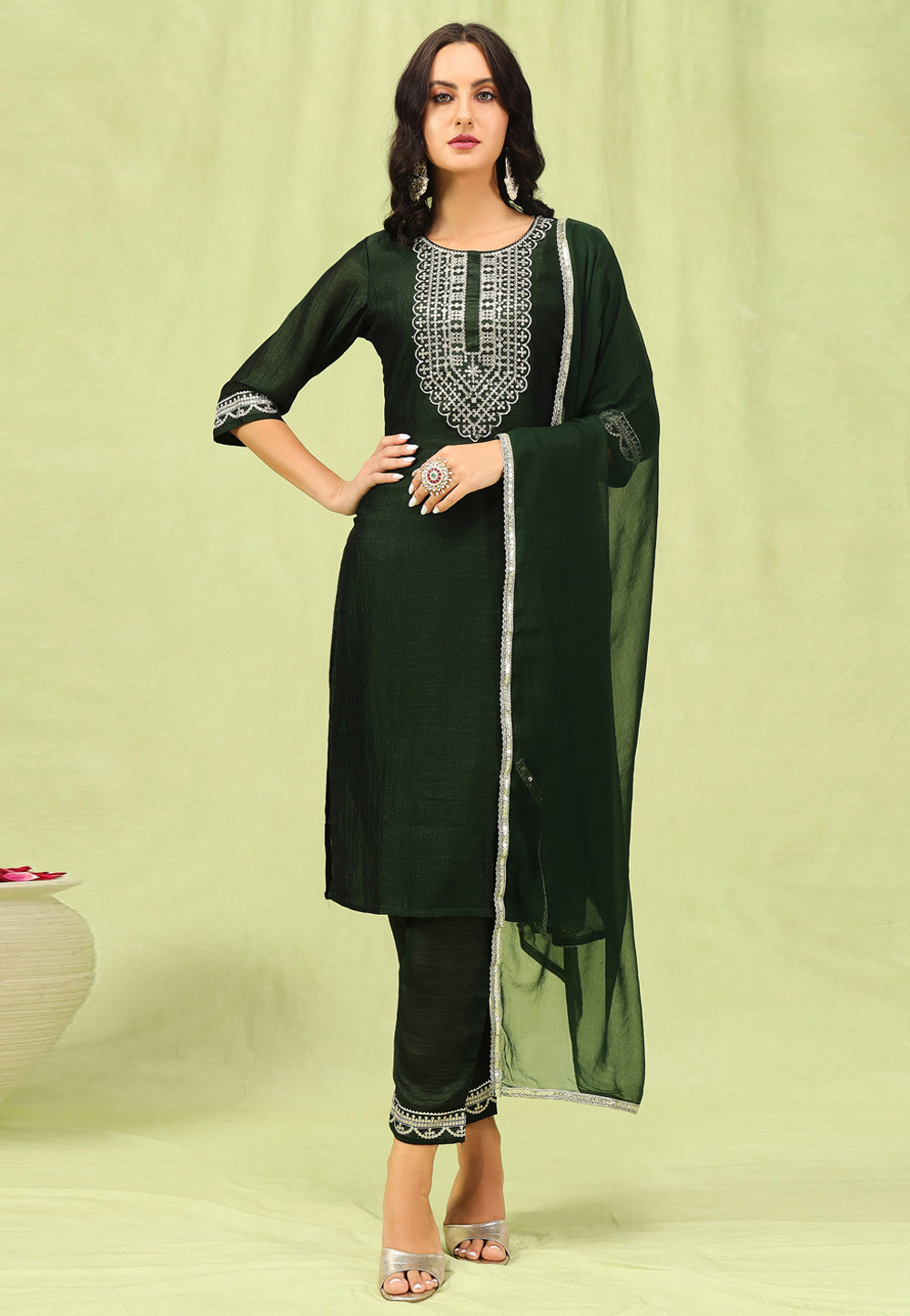 Green Silk Readymade Pant Style Suit 310853