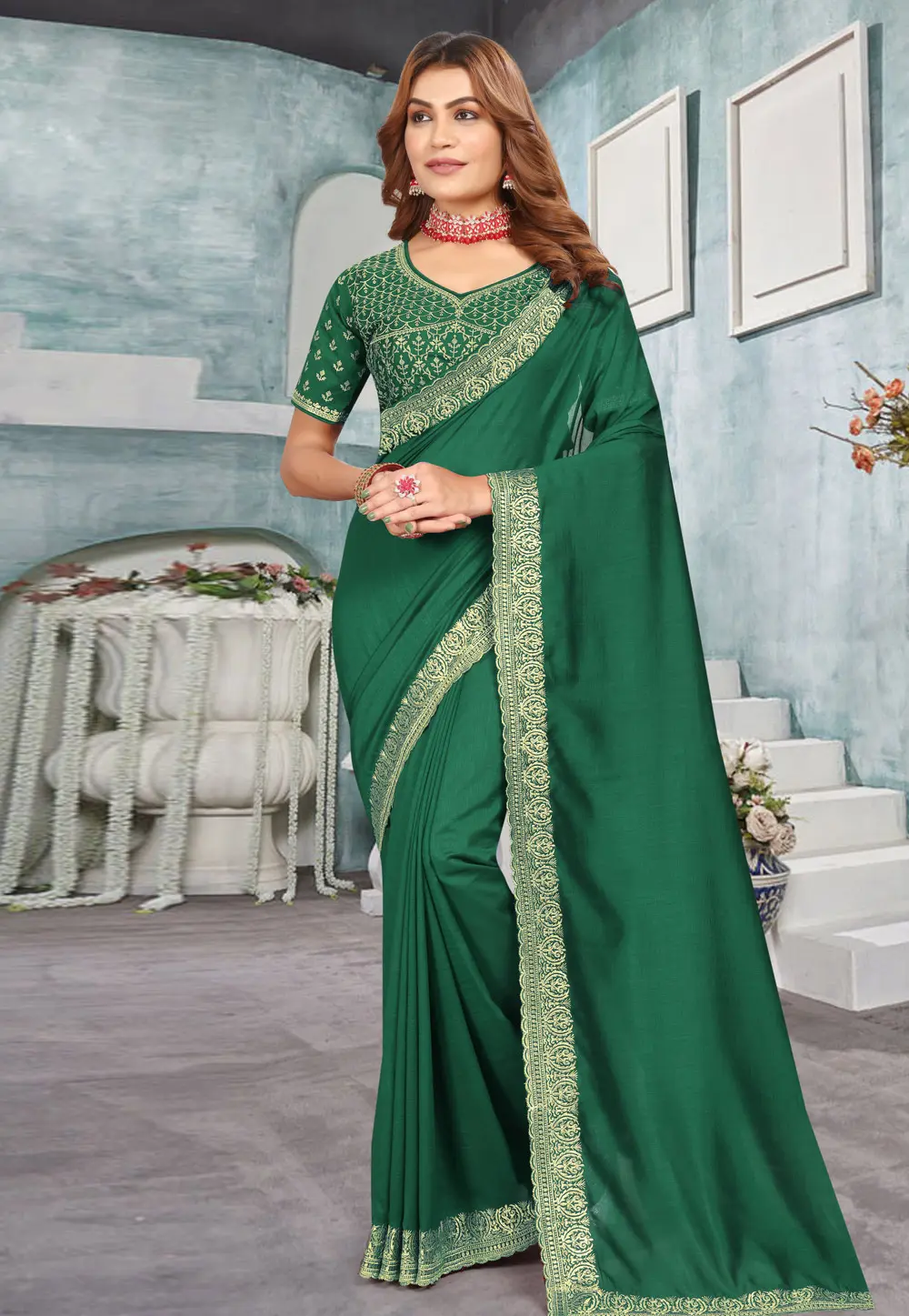 Green Silk Saree With Blouse 299107