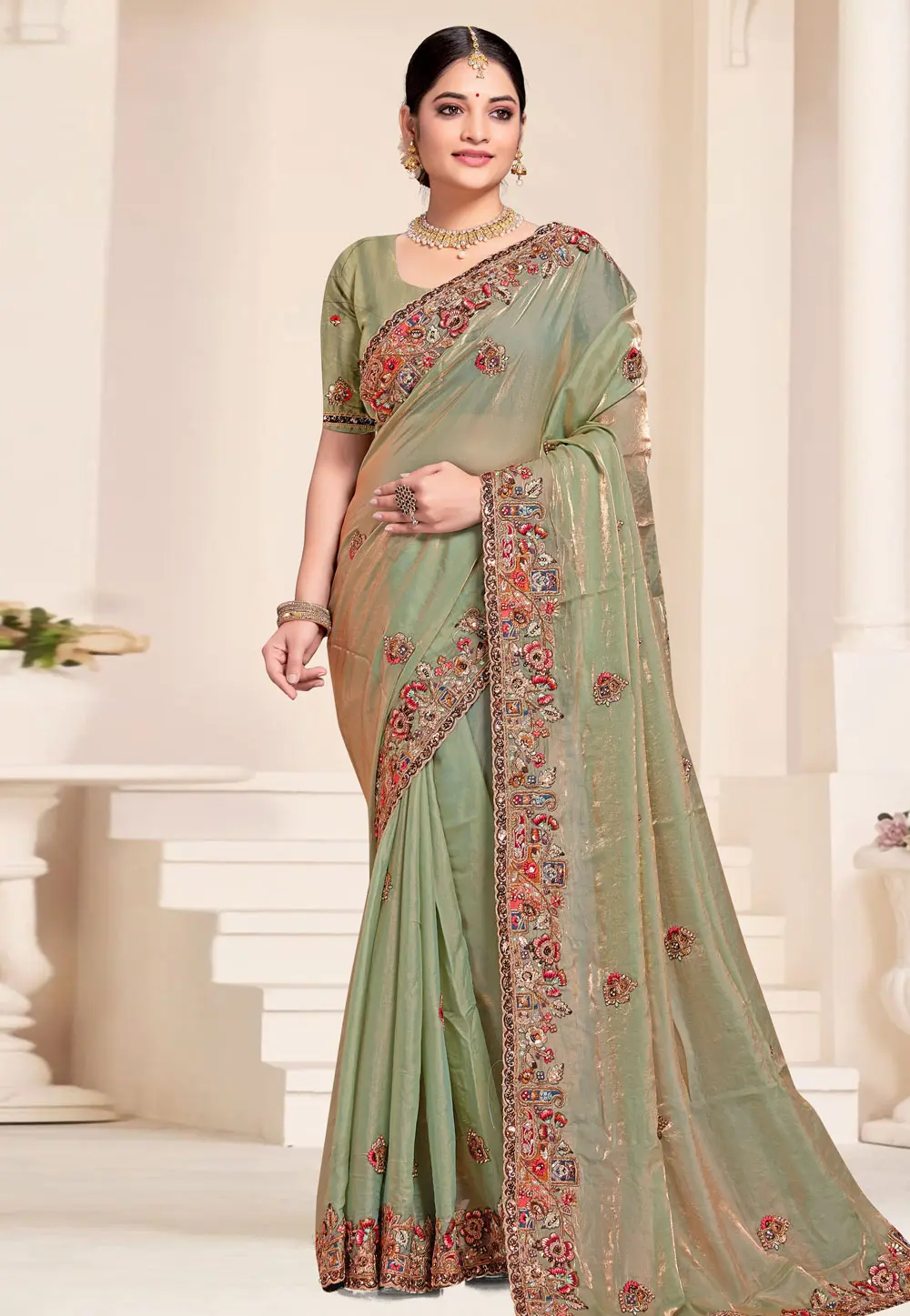 Green Silk Saree With Blouse 303599