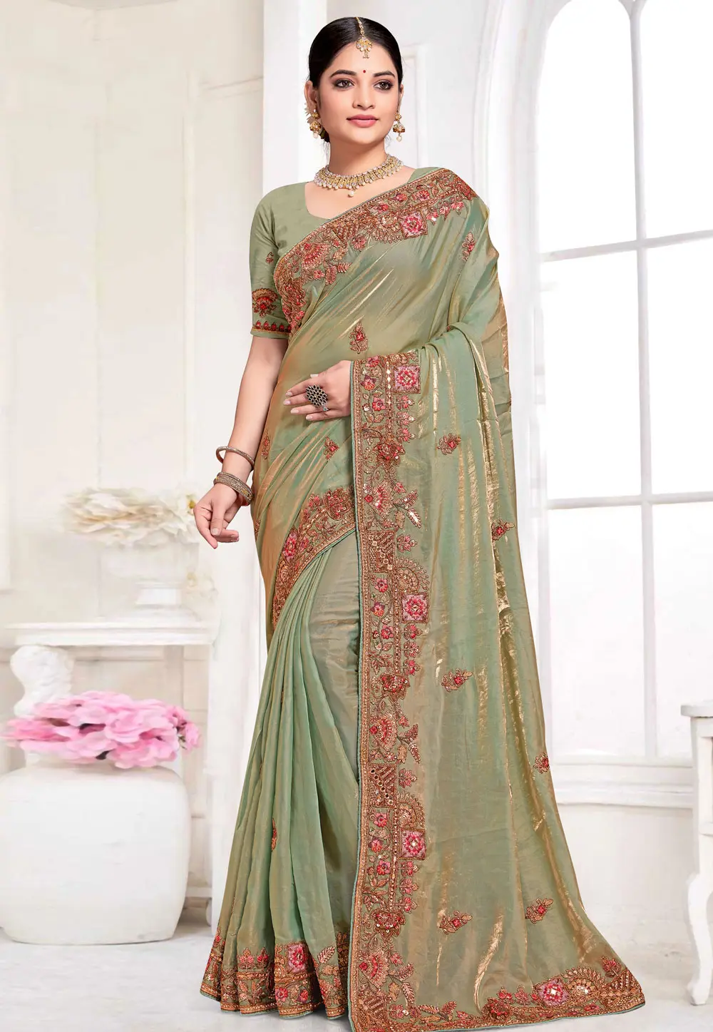 Green Silk Saree With Blouse 303603