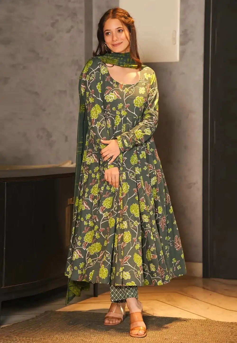 Green Silk Satin Readymade Anarkali Suit 291682