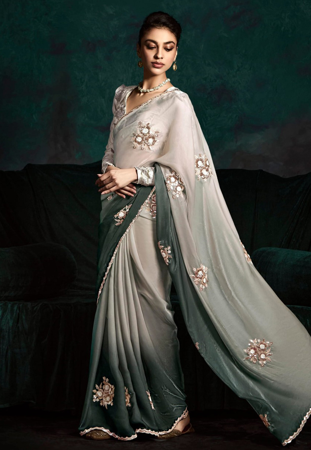 Green Tissue Half N Half Saree 311204