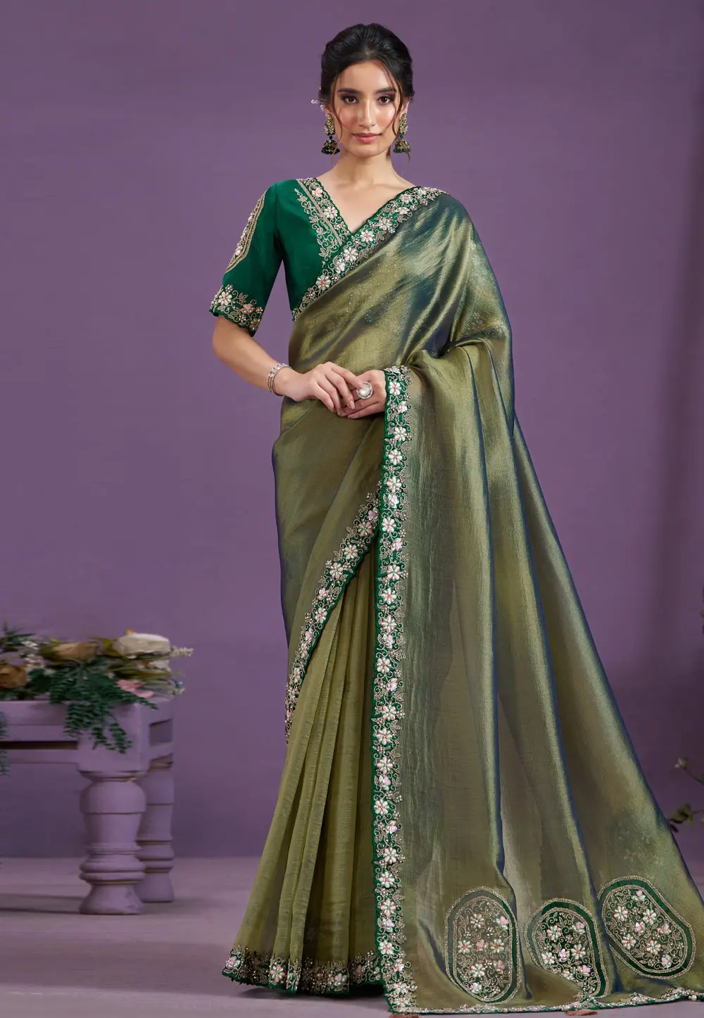 Green Tissue Saree With Blouse 298525