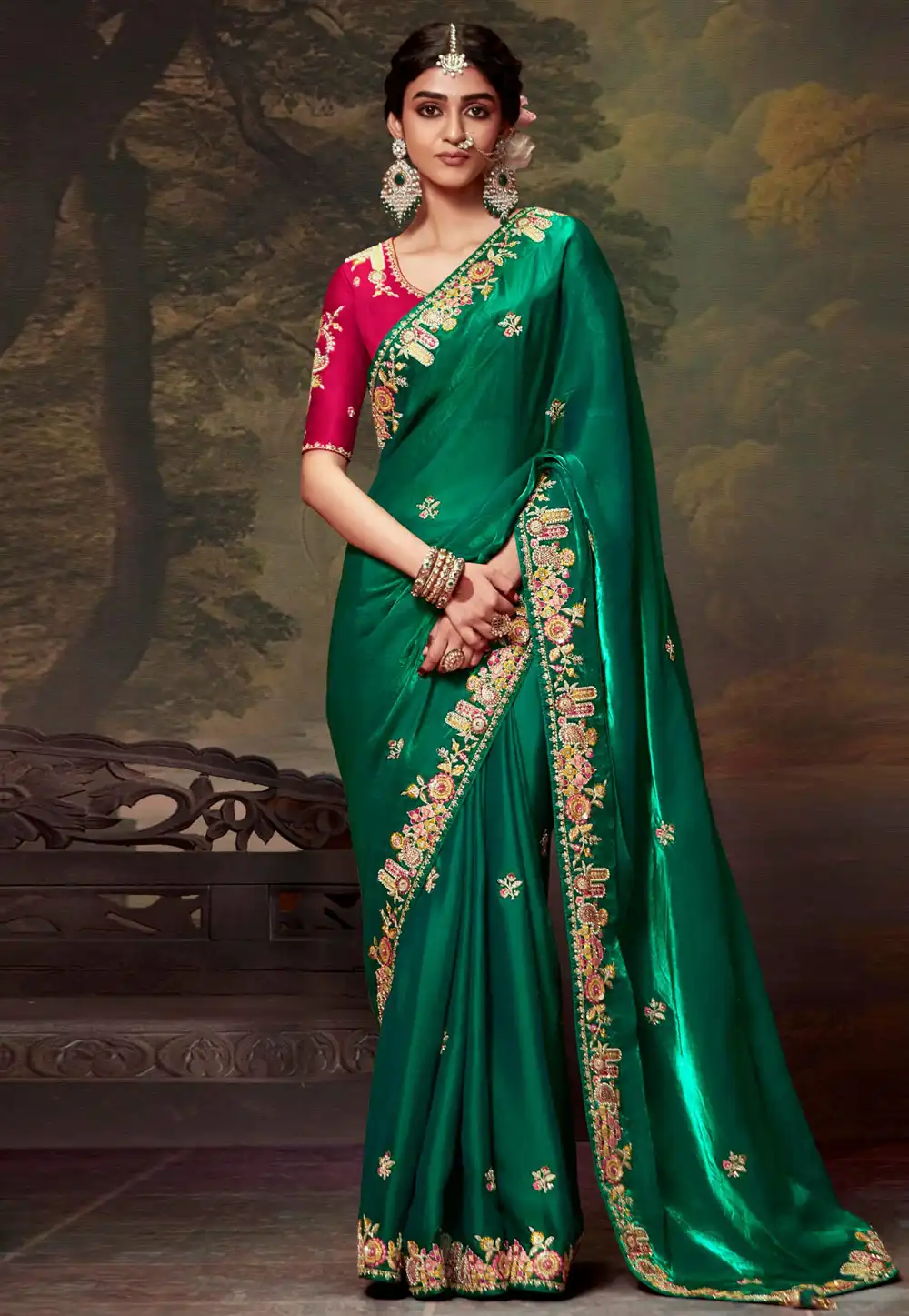 Green Tissue Saree With Blouse 293631