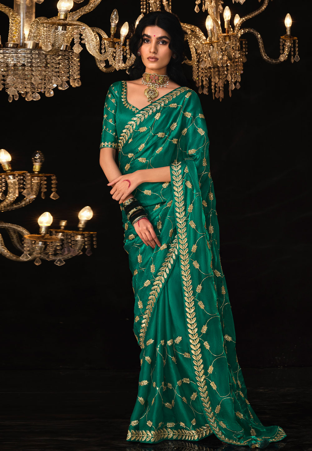 Green Tissue Saree With Blouse 285692