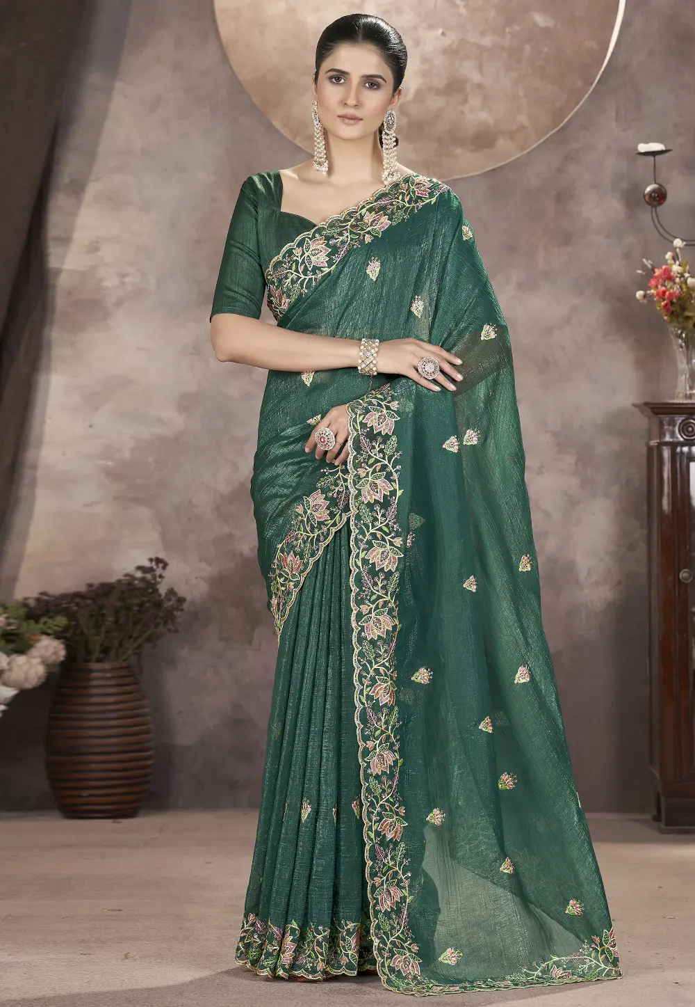 Green Tissue Saree With Blouse 302533