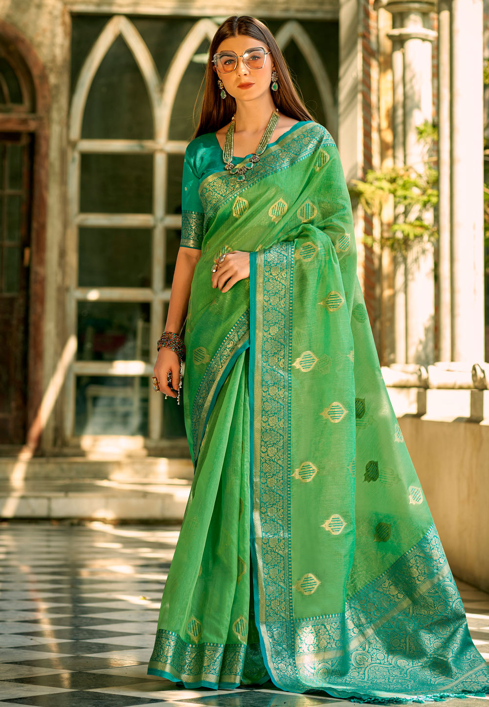 Green Tissue Silk Saree With Blouse 285961