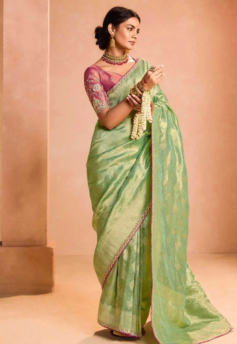 Green Tissue Silk Saree With Blouse 302049