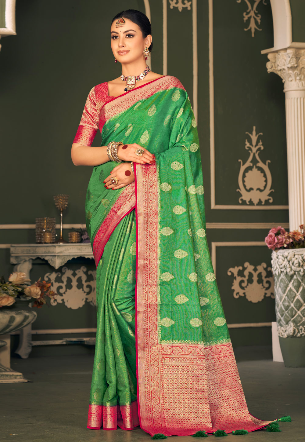 Green Tissue Silk Saree With Blouse 278726
