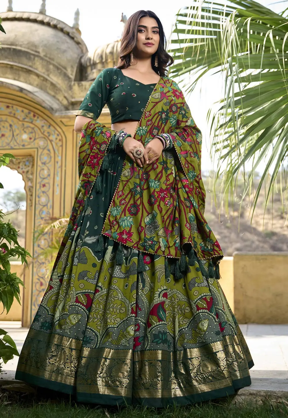 Green Tussar Silk Circular Lehenga Choli 296999