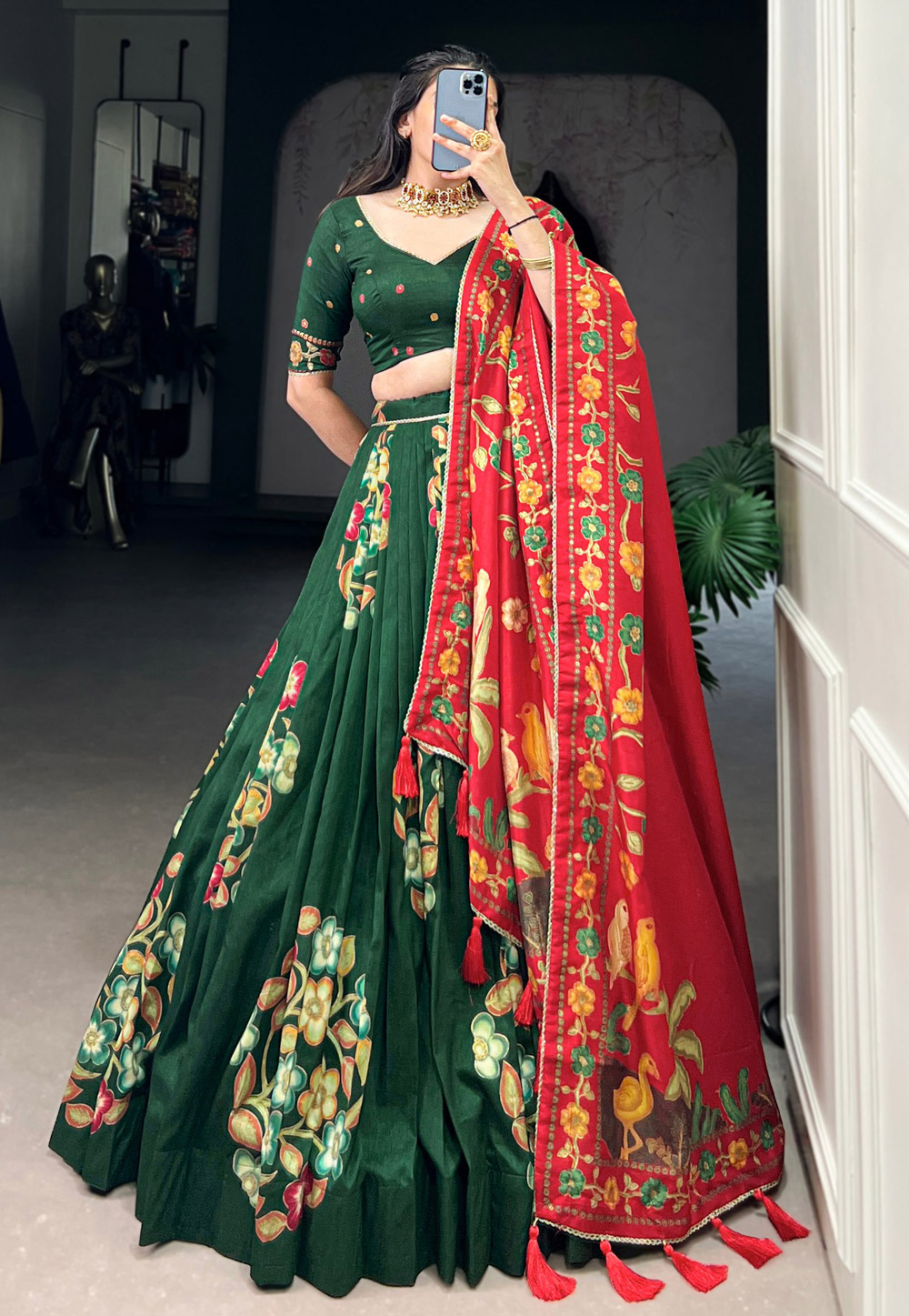Green Tussar Silk Floral print Lehenga choli 309712
