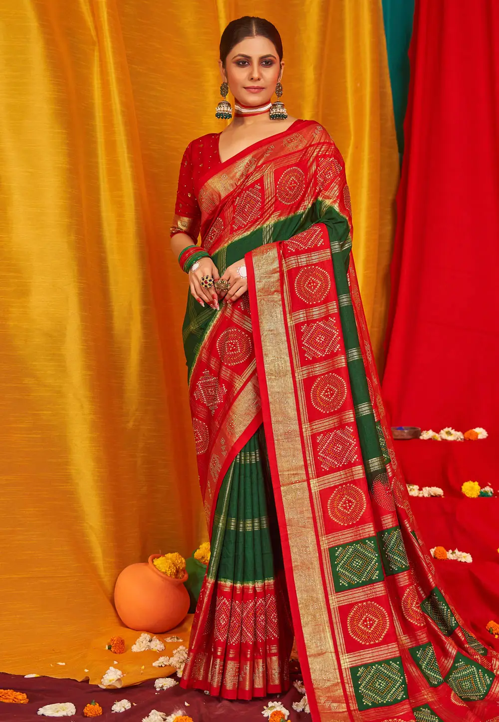 Green Tussar Silk Half N Half Saree 296089