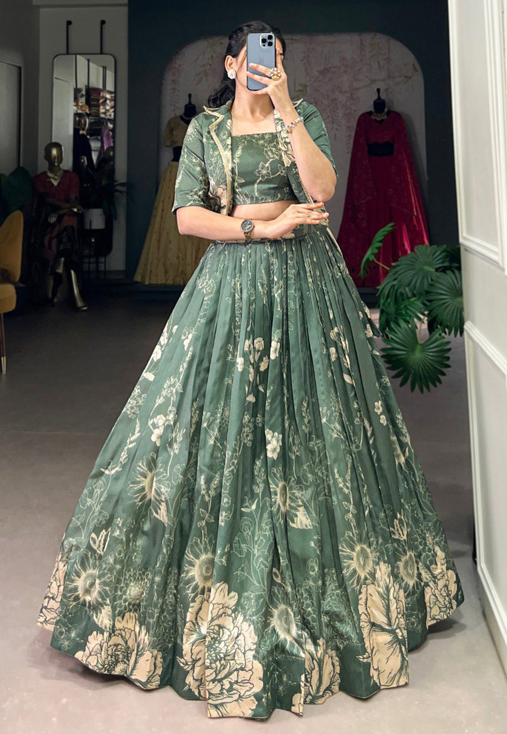 Green Tussar Silk Jacket Style Lehenga Choli 305272