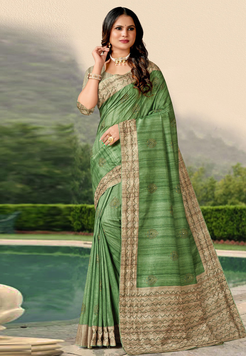 Green Tussar Silk Saree With Blouse 278995