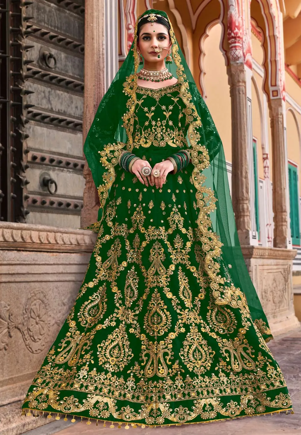 Green Velvet Bridal Lehenga Choli 302934