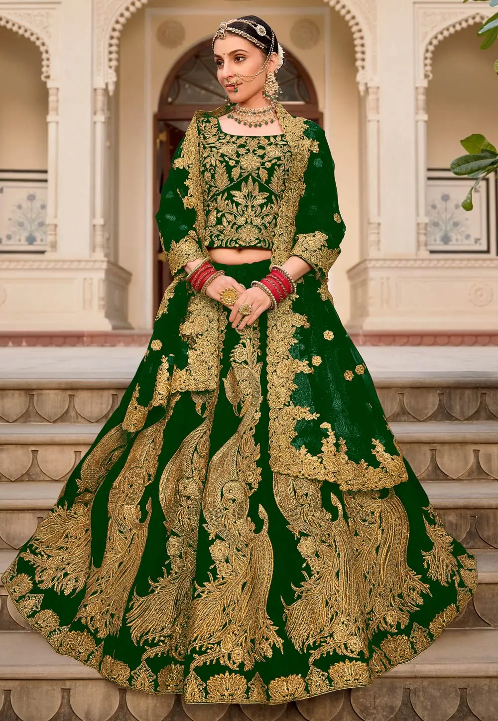 Green Velvet Bridal Lehenga Choli 297990