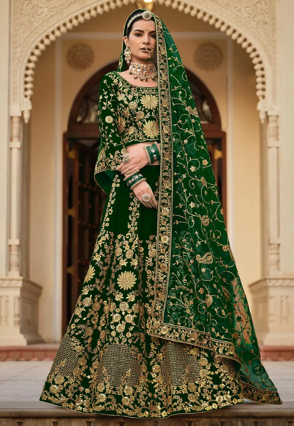 Green Velvet Bridal Lehenga Choli 304032