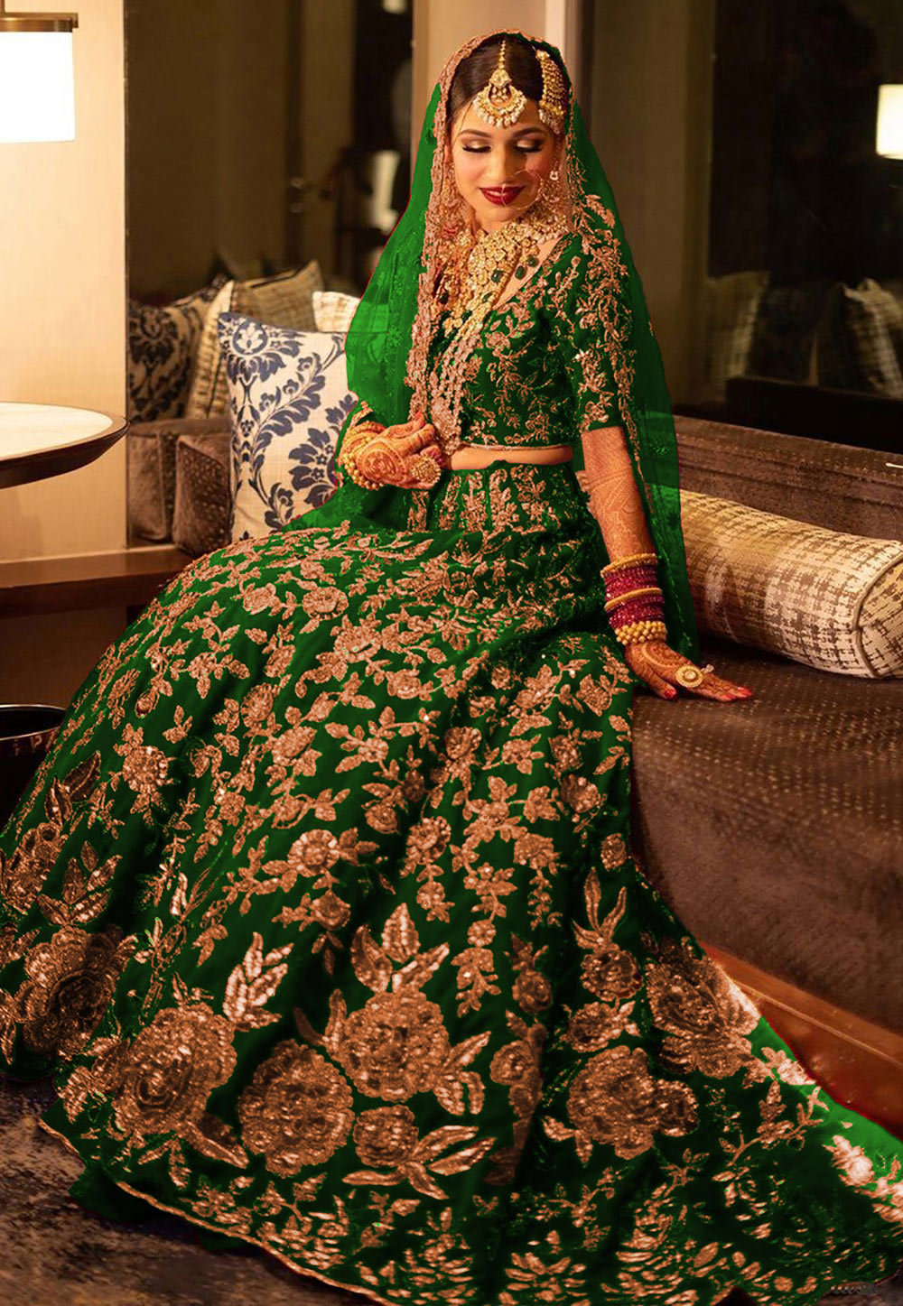 Green Velvet Bridal Lehenga Choli 279907