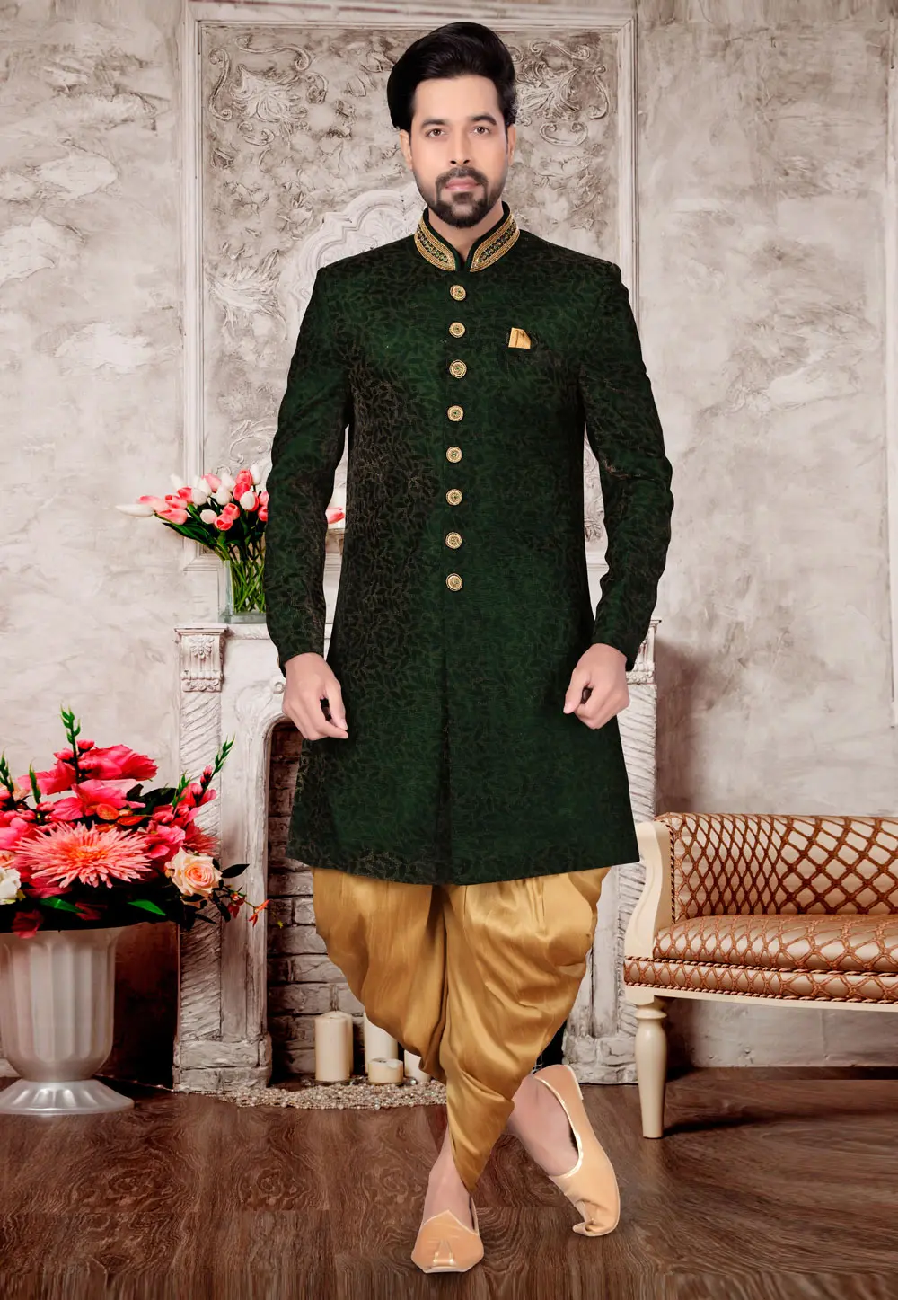 Green Velvet Dhoti Sherwani 302960