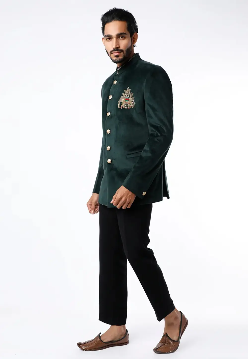 Green Velvet Jodhpuri Suit 300040