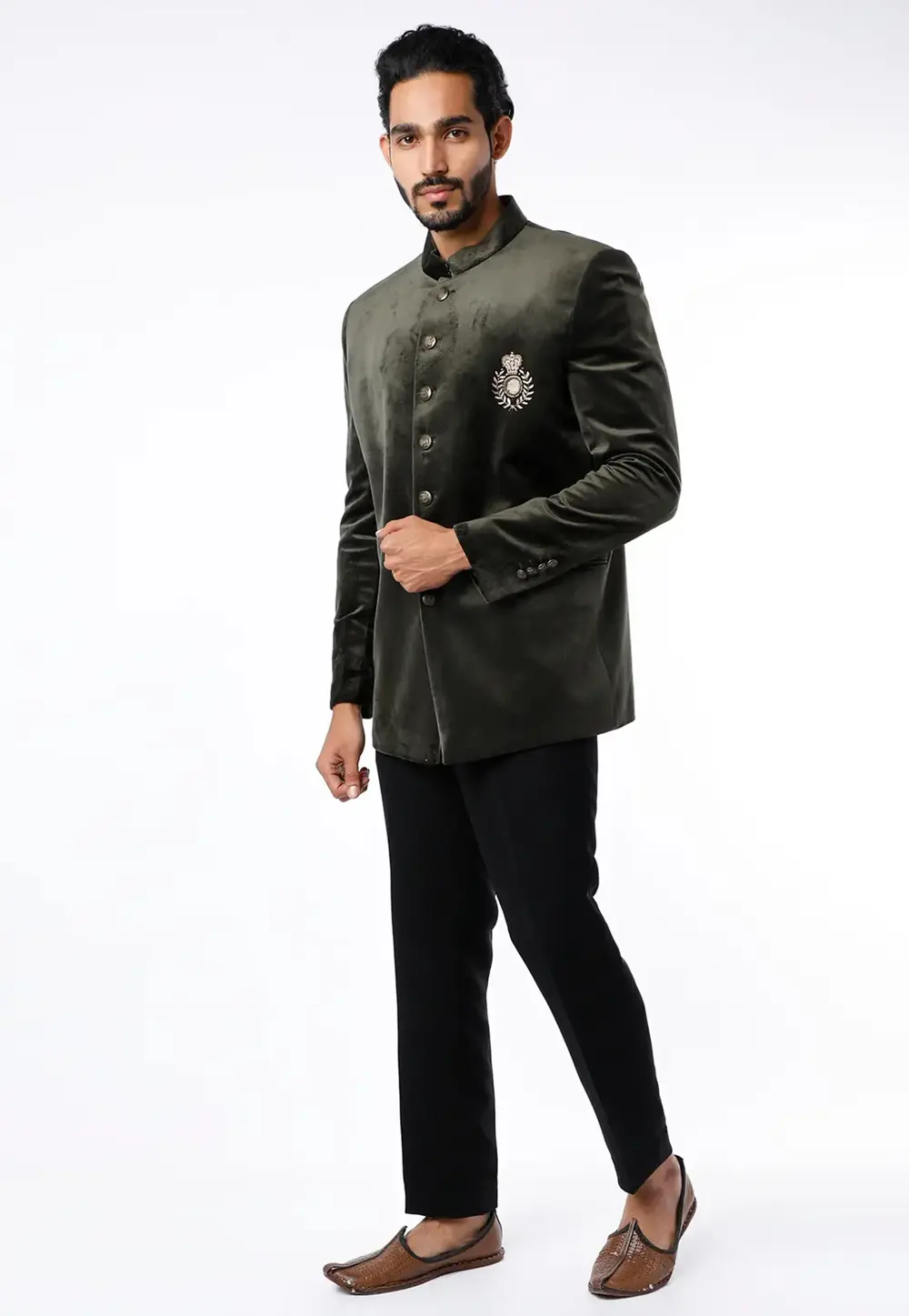 Green Velvet Jodhpuri Suit 300045