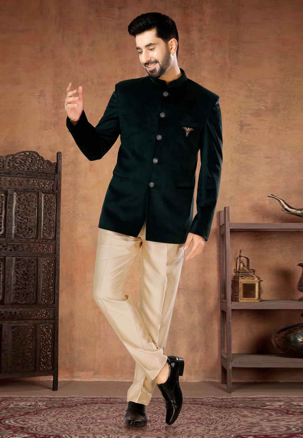 Green Velvet Jodhpuri Suit 282987