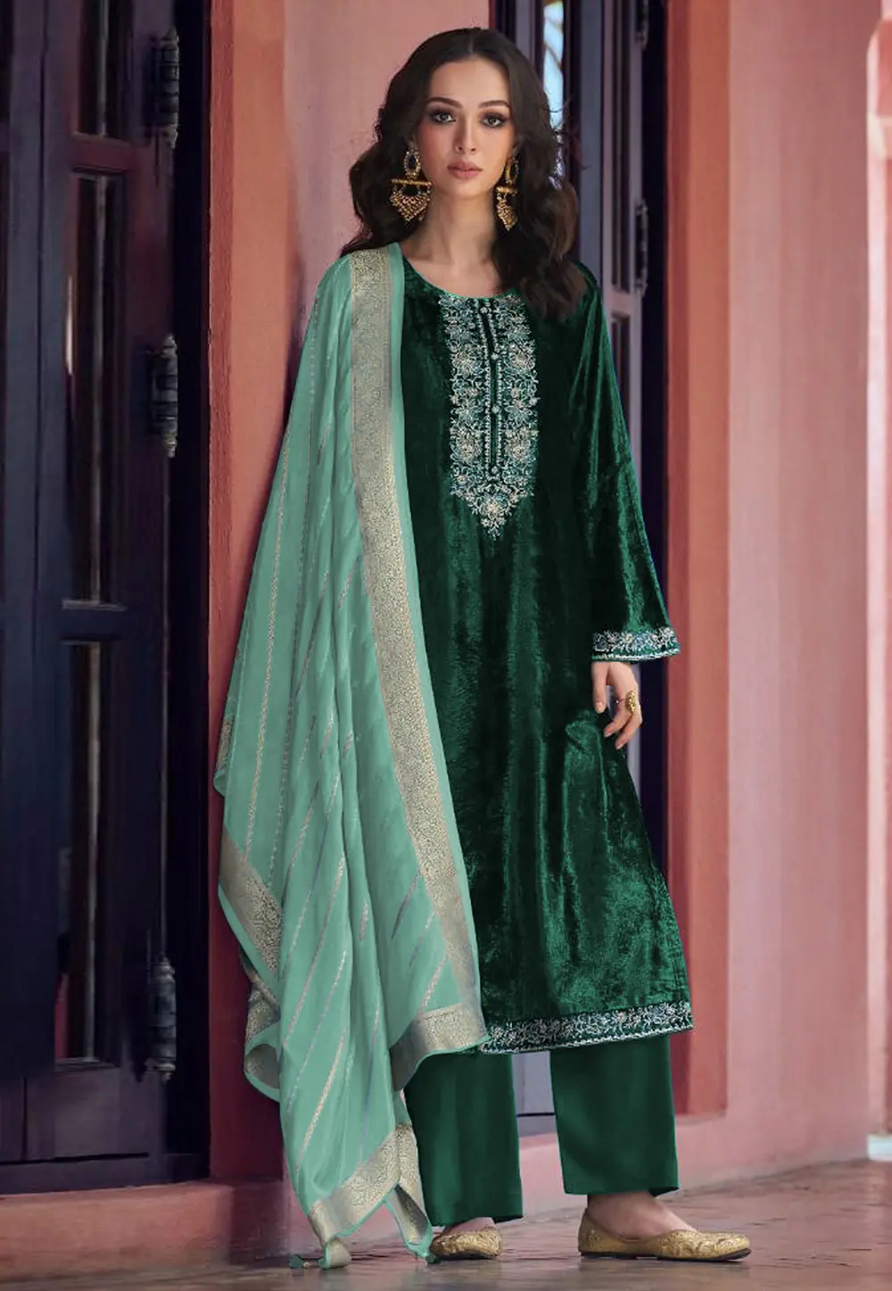 Green Velvet Pant Style Suit 299516