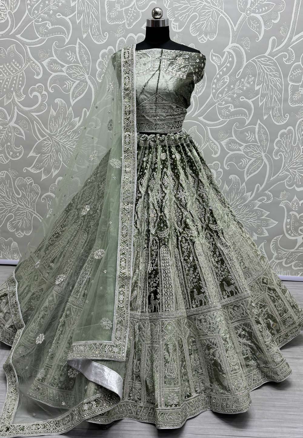 Green Velvet Wedding Lehenga Choli 287223