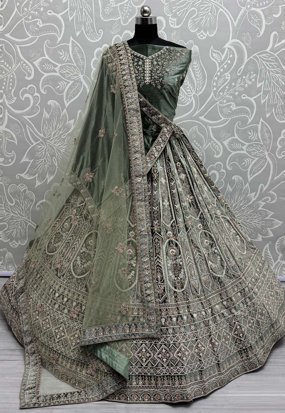 Green Velvet Wedding Lehenga Choli 309679