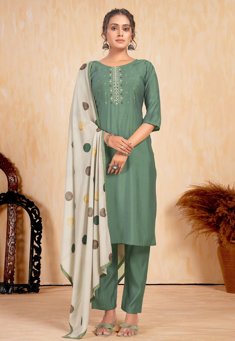 Green Viscose Readymade Pakistani Suit 284604