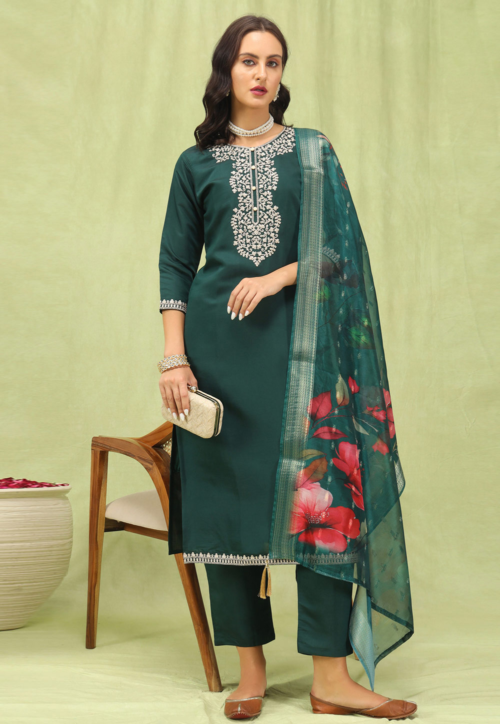 Green Viscose Readymade Pakistani Suit 309146