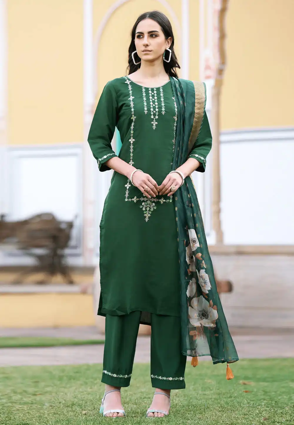 Green Viscose Readymade Pant Style Suit 289376