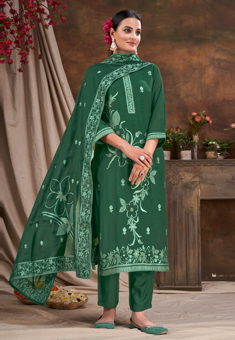 Green Viscose Readymade Pant Style Suit 281884