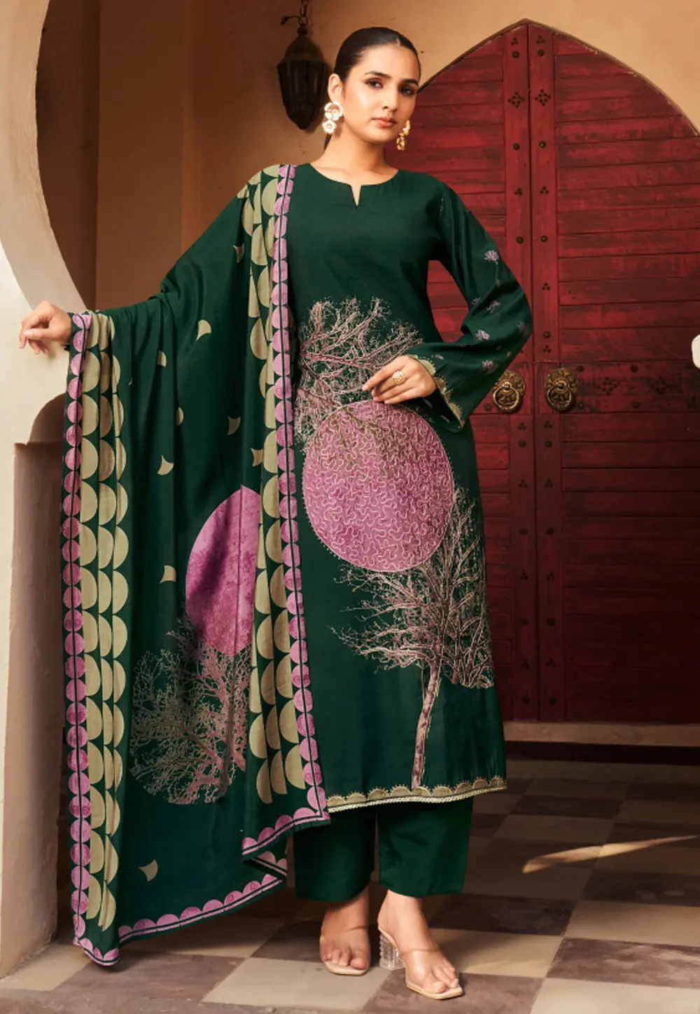 Green Viscose Straight Suit 302334