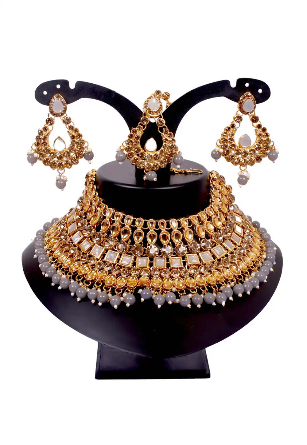 Grey Alloy Austrian Diamonds and Kundan Necklace Set With Earrings and Maang Tikka 292937