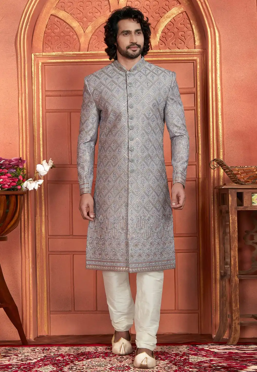 Grey Art Silk Achkan Style Sherwani 291305