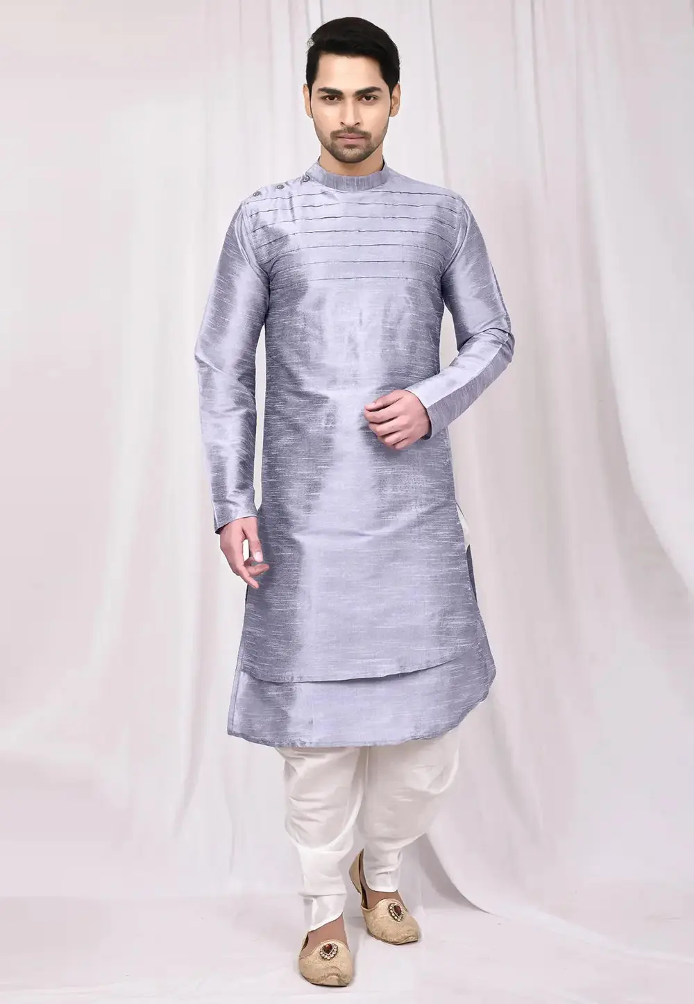 Grey Art Silk Dhoti Kurta 300696