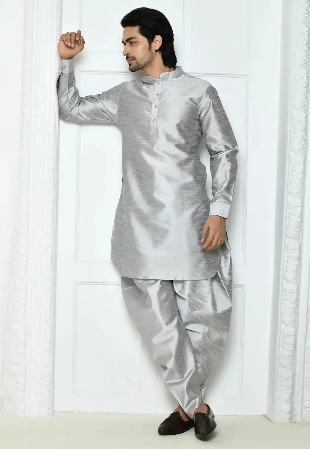 Grey Art Silk Dhoti Kurta 300731