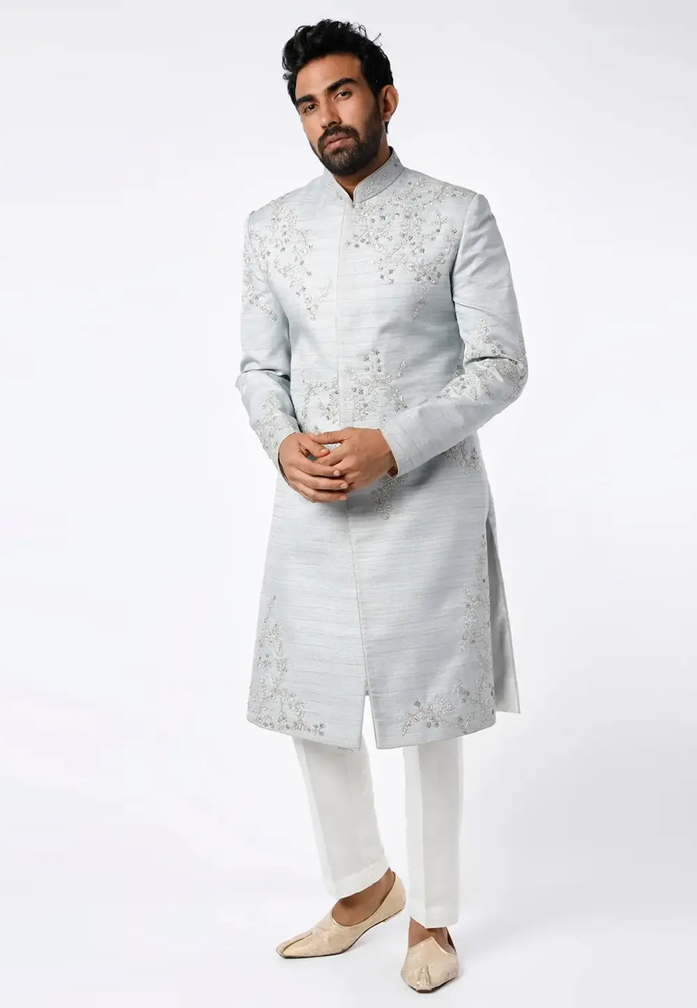 Grey Art Silk Indo Western Sherwani 300169