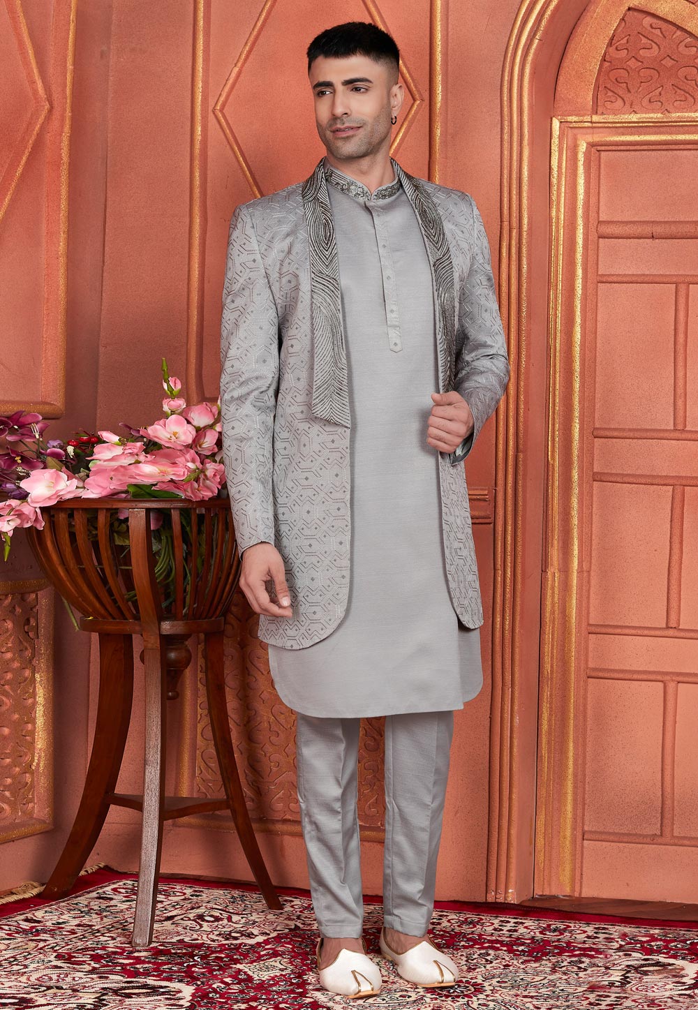 Grey Art Silk Indo Western Suit 285731