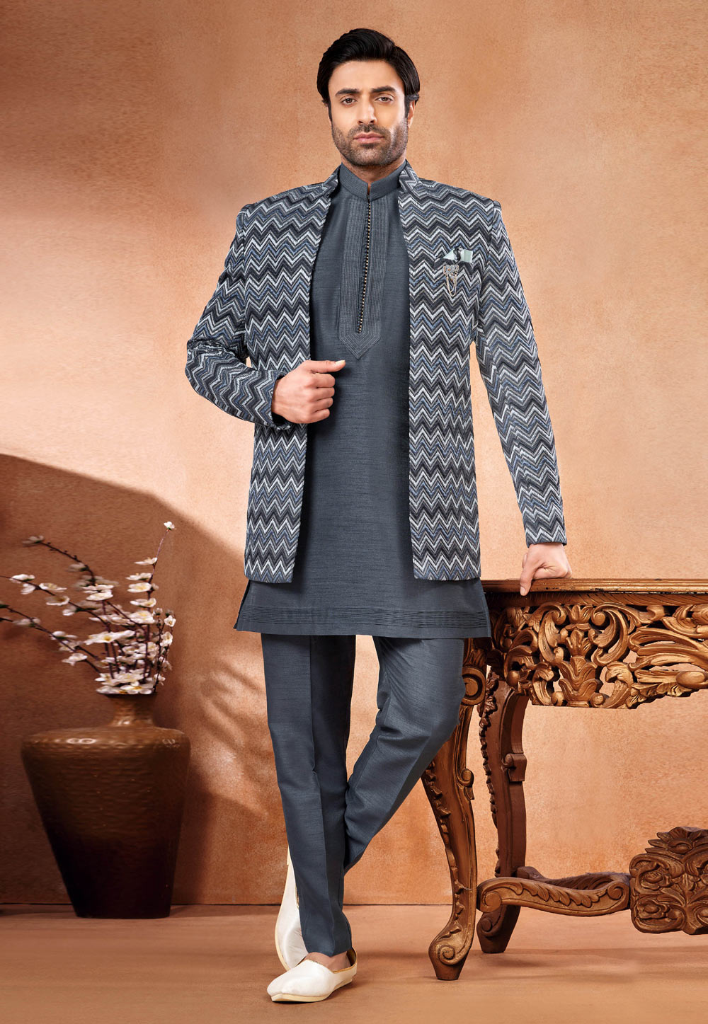 Grey Art Silk Indo Western Suit 280262