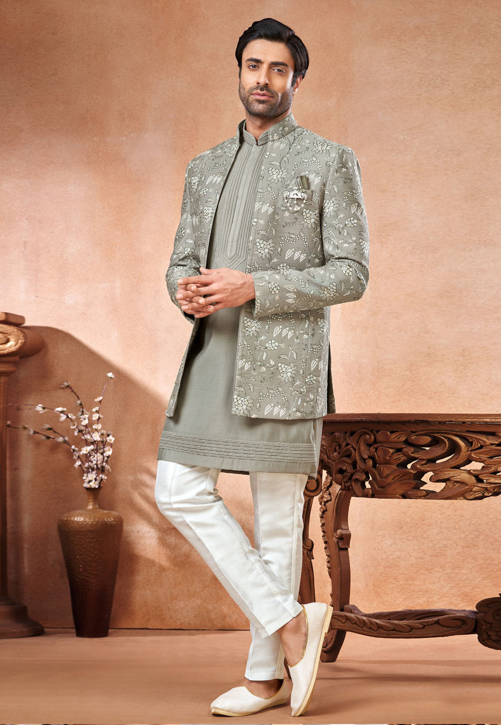 Grey Art Silk Indo Western Suit 280267