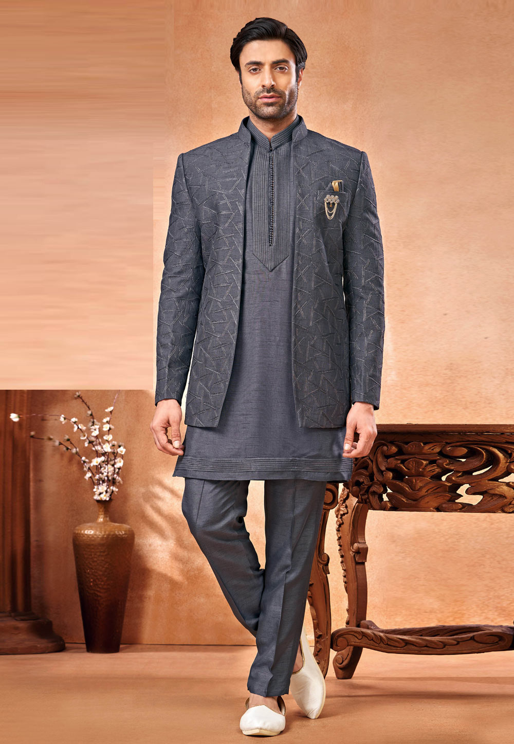 Grey Art Silk Indo Western Suit 280273