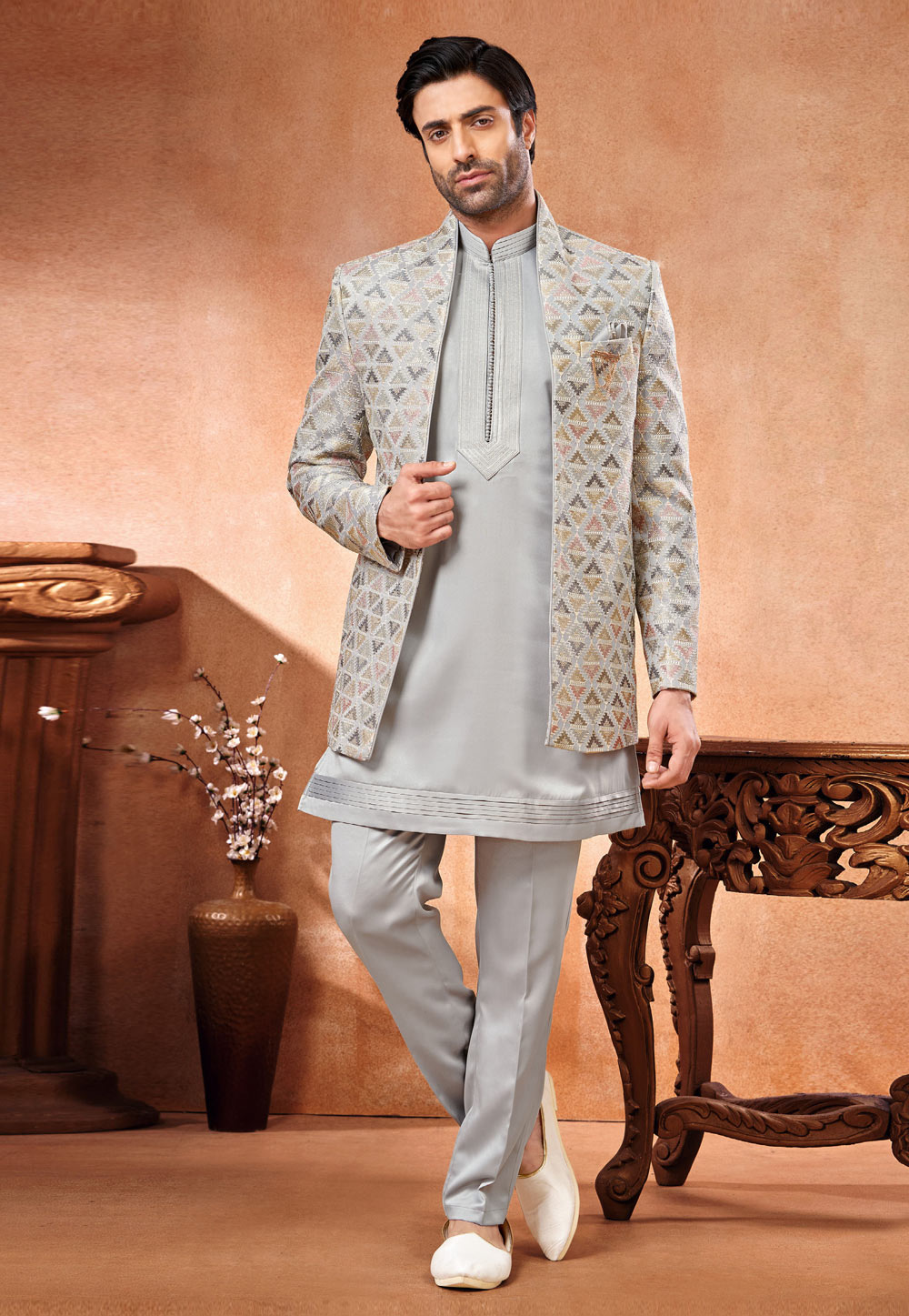 Grey Art Silk Indo Western Suit 280277