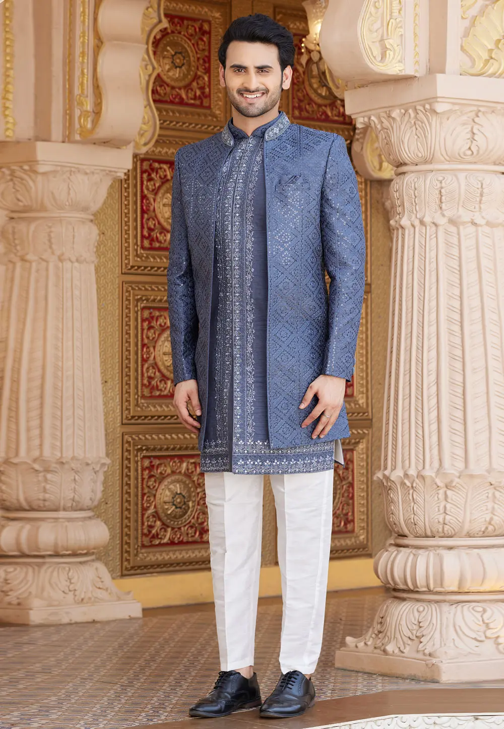 Grey Art Silk Jacket Style Sherwani 304347