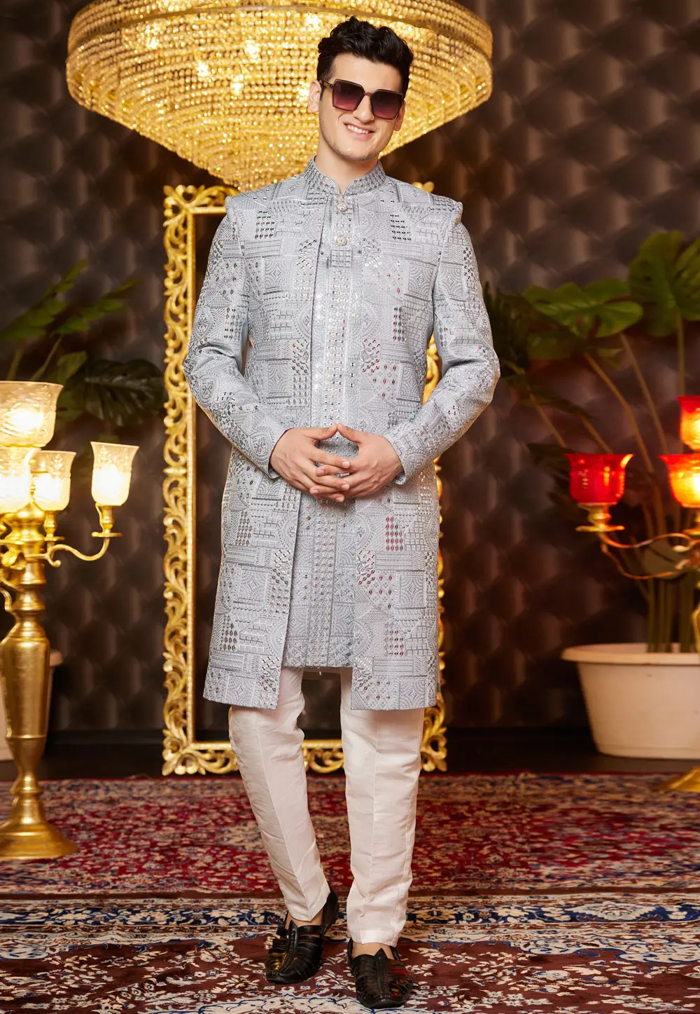 Grey Art Silk Jacket Style Sherwani 299178